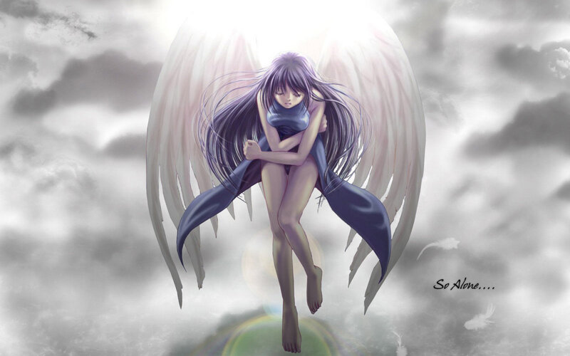 Angelic Girl with Wings — Gray, Dramatic, Digital Art