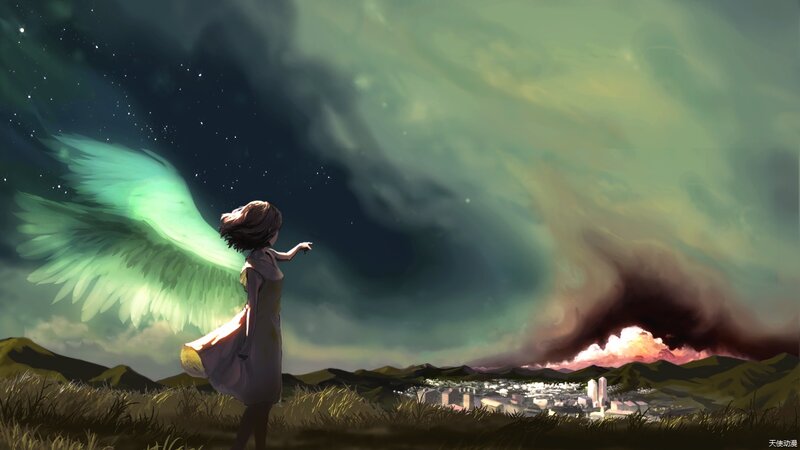 Angelic Girl with Wings — Green, Dramatic
