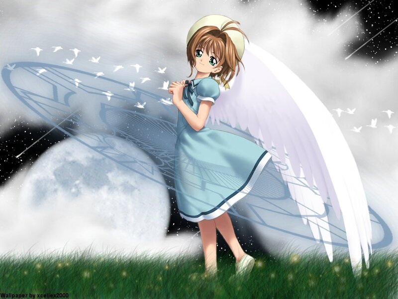 Angelic Girl with Wings — Green, Serene, Night
