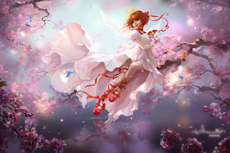 Angelic Girl with Wings — Pink, Serene, Spring, Digital Art, Cherry Blossoms
