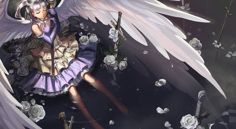 Angelic Girl with Wings — Purple, Dramatic, Night, Digital Art, Roses