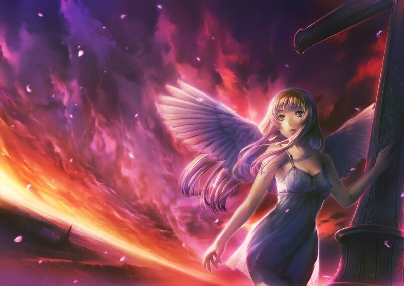 Angelic Girl with Wings — Purple, Dramatic, Sunset, Anime, Clouds