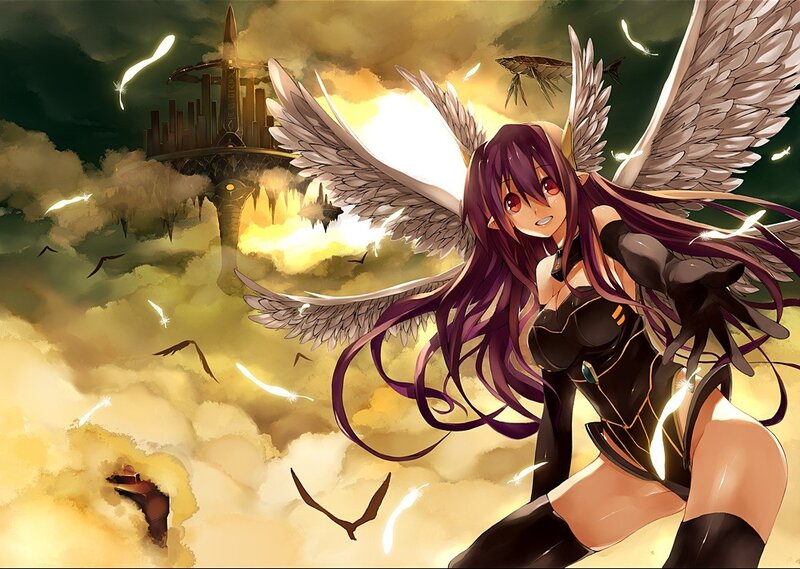 Angelic Girl with Wings — Purple, Dramatic, Sunset, Anime