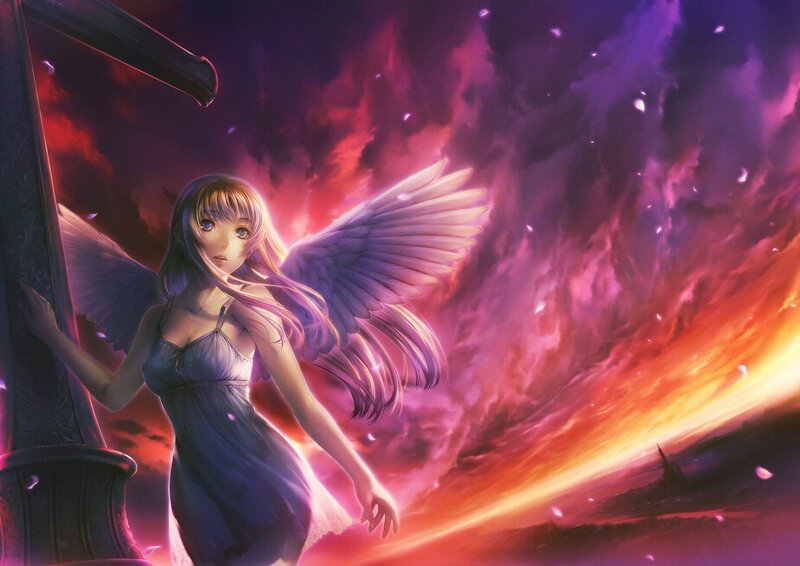 Angelic Girl with Wings — Purple, Dramatic, Sunset, Digital Art
