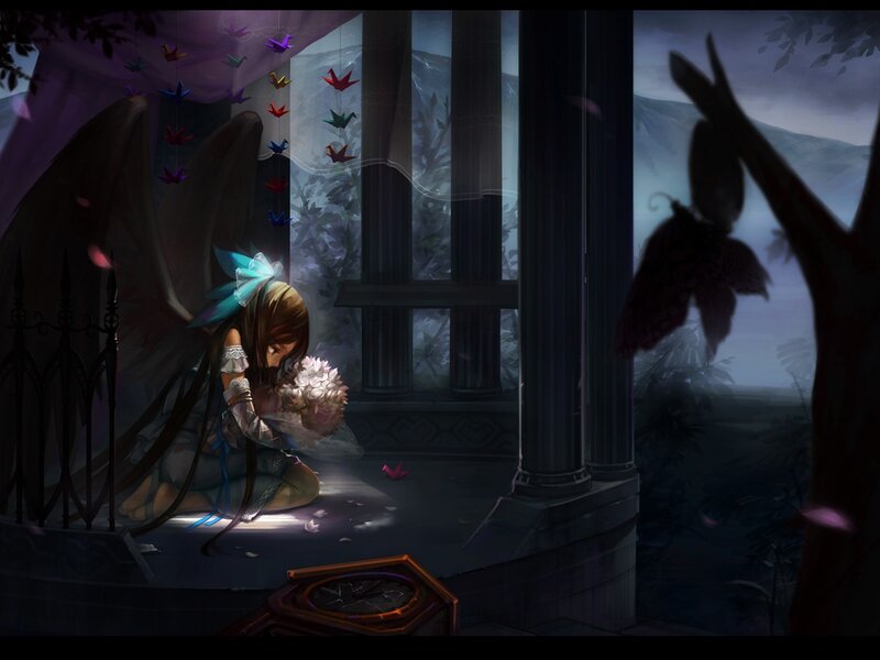 Angelic Girl with Wings — Purple, Melancholic, Night, Digital Art, Paper Cranes