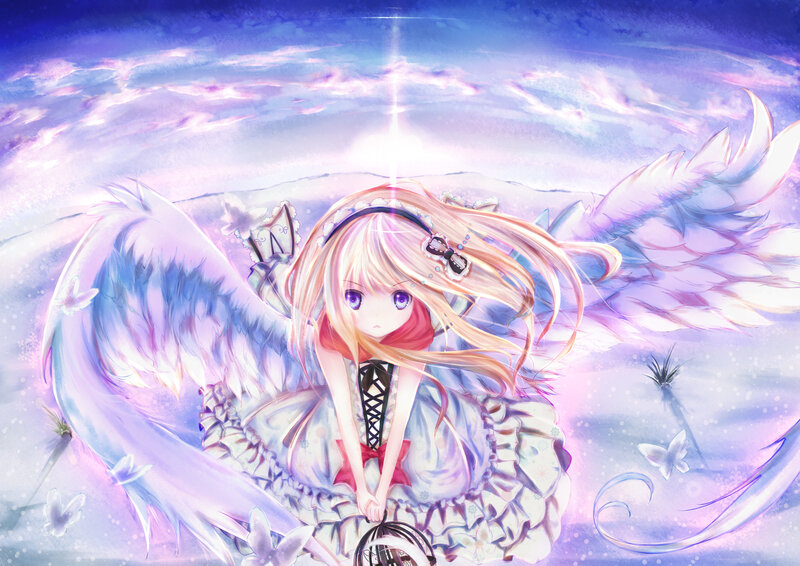 Angelic Girl with Wings — Purple, Serene, Night, Digital Art