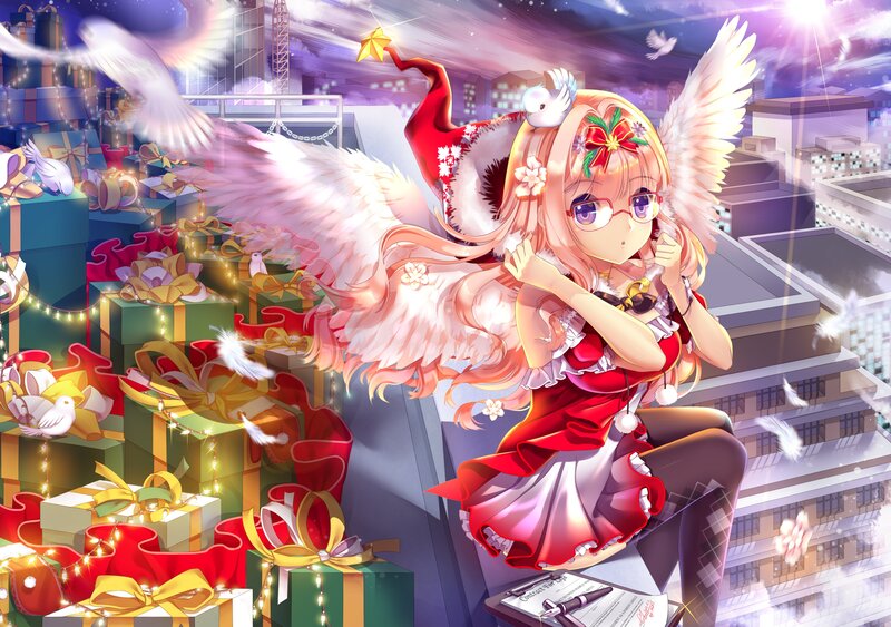 Angelic Girl with Wings — Red, Festive, Night, Anime