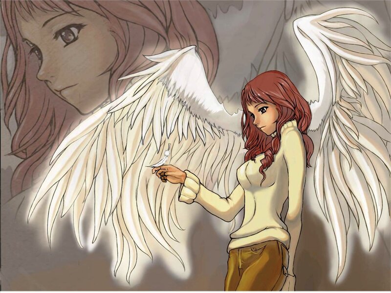 Angelic Girl with Wings — White, Contemplative