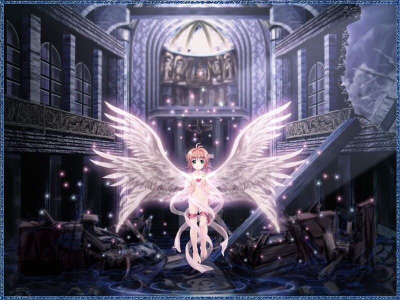 Angelic Girl with Wings — White, Dramatic, Night, Anime, Ruins, Sparkles