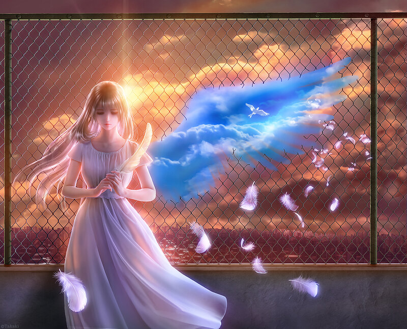 Angelic Girl with Wings — White, Dramatic, Sunset, Digital Art, Feathers