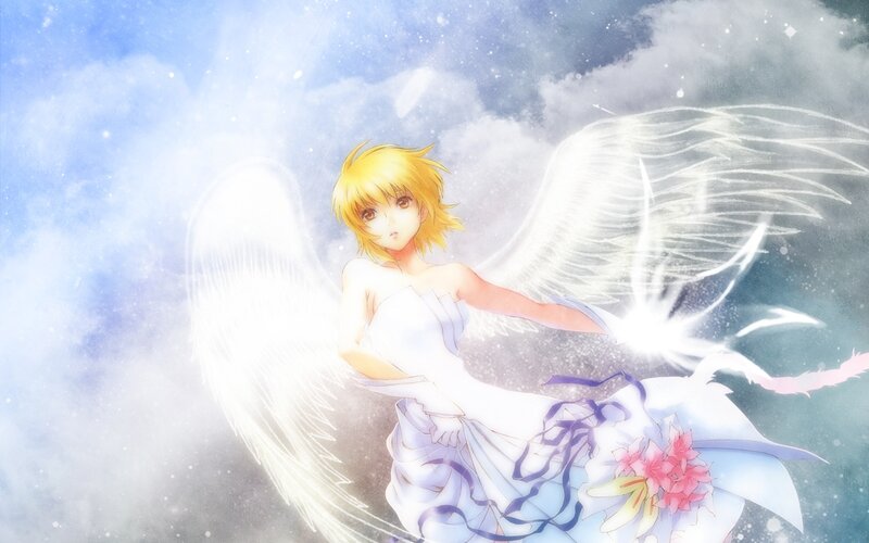 Angelic Girl with Wings — White, Serene, Anime, Flowers