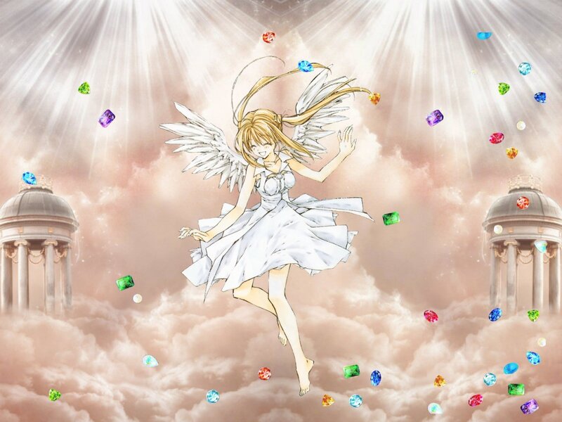 Angelic Girl with Wings — White, Serene, Anime, Gemstones