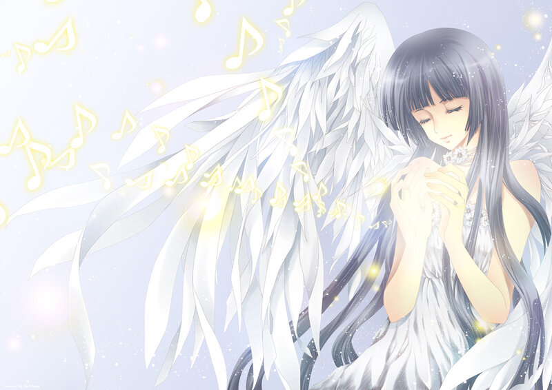 Angelic Girl with Wings — White, Serene, Anime, Music Notes