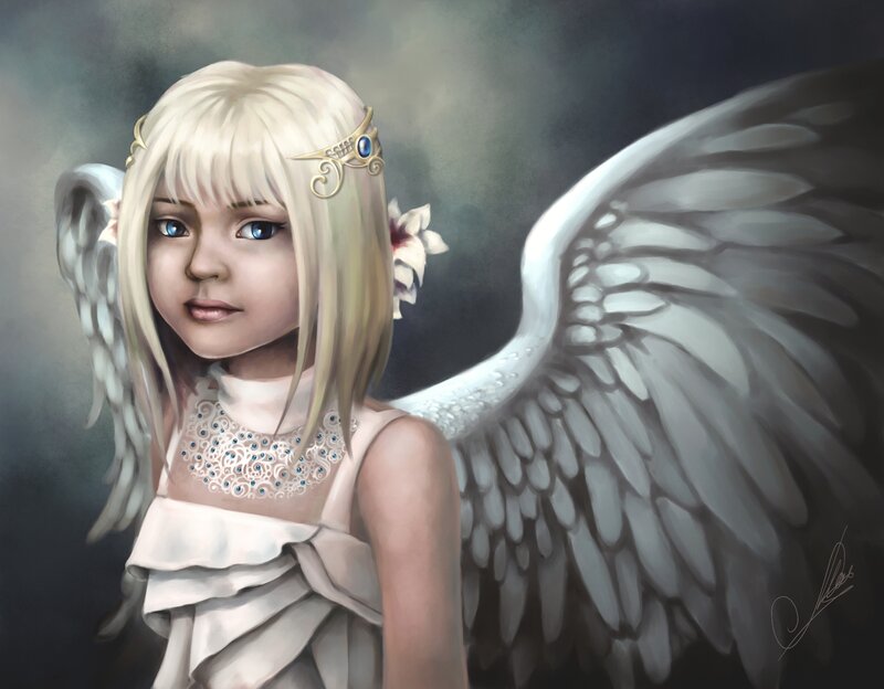 Angelic Girl with Wings — White, Serene, Digital Art, Crown