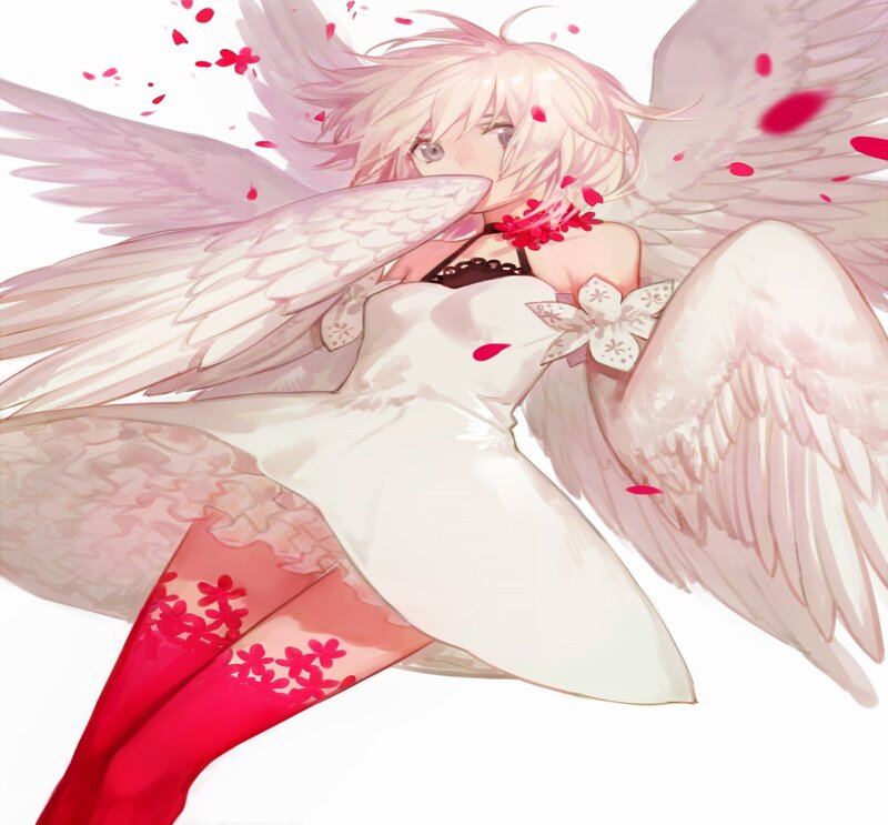 Angelic Girl with Wings — White, Serene, Digital Art, Petals