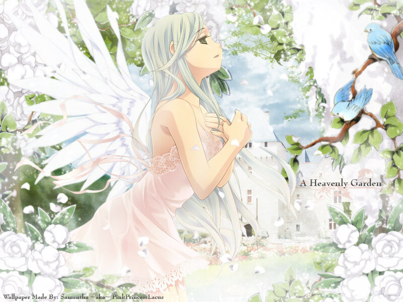 Angelic Girl with Wings — White, Serene, Spring, Anime, Birds