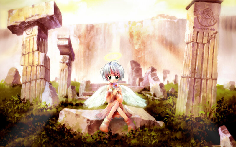 Angelic Girl with Wings — White, Serene, Sunset, Anime, Ruins