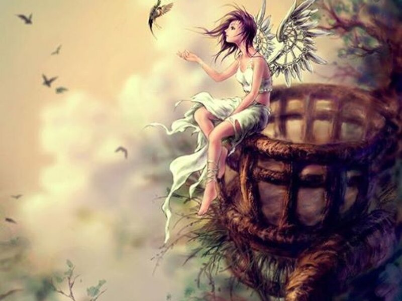 Angelic Girl with Wings — White, Serene, Sunset, Digital Art