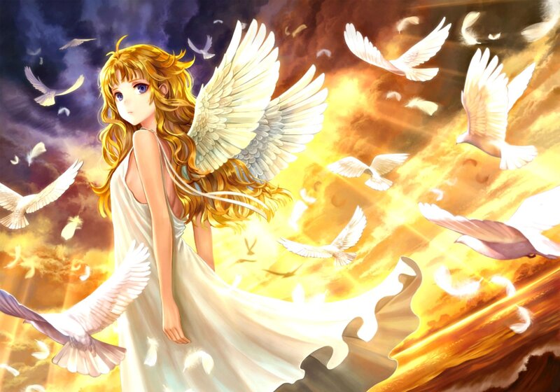 Angelic Girl with Wings — Yellow, Dramatic, Sunset