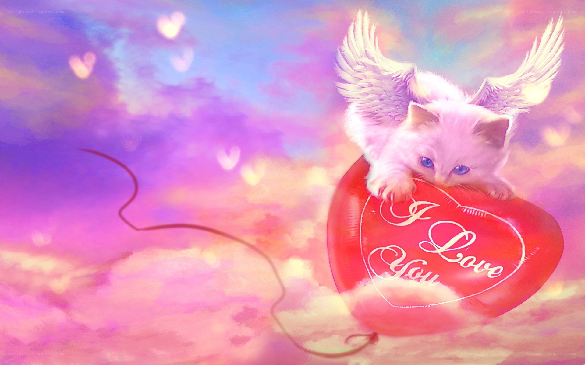 angelic kitten with heart balloon