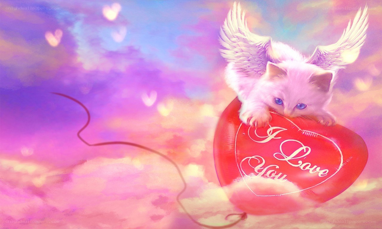 angelic kitten with heart balloon