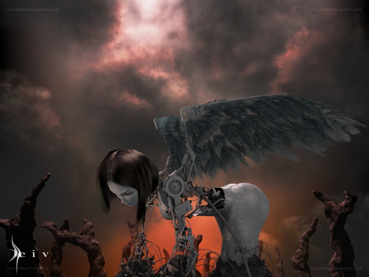 angelic robot in desolate landscape