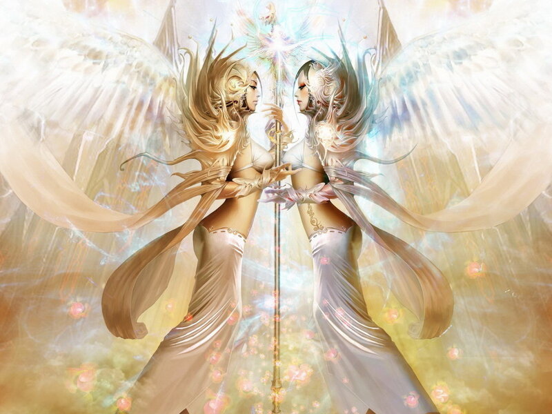 Angelic twin sisters with wings