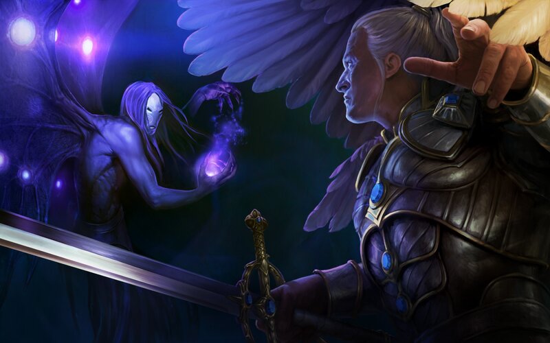 angelic warrior confronts dark entity