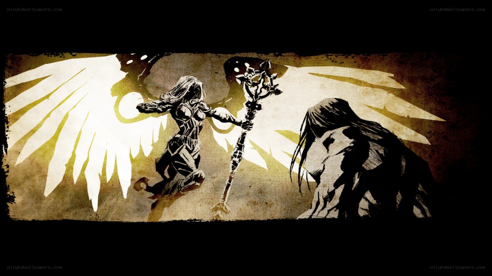 angelic warrior confronts dark figure