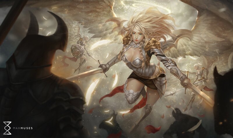 Angelic Warrior in Battle — White, Dramatic