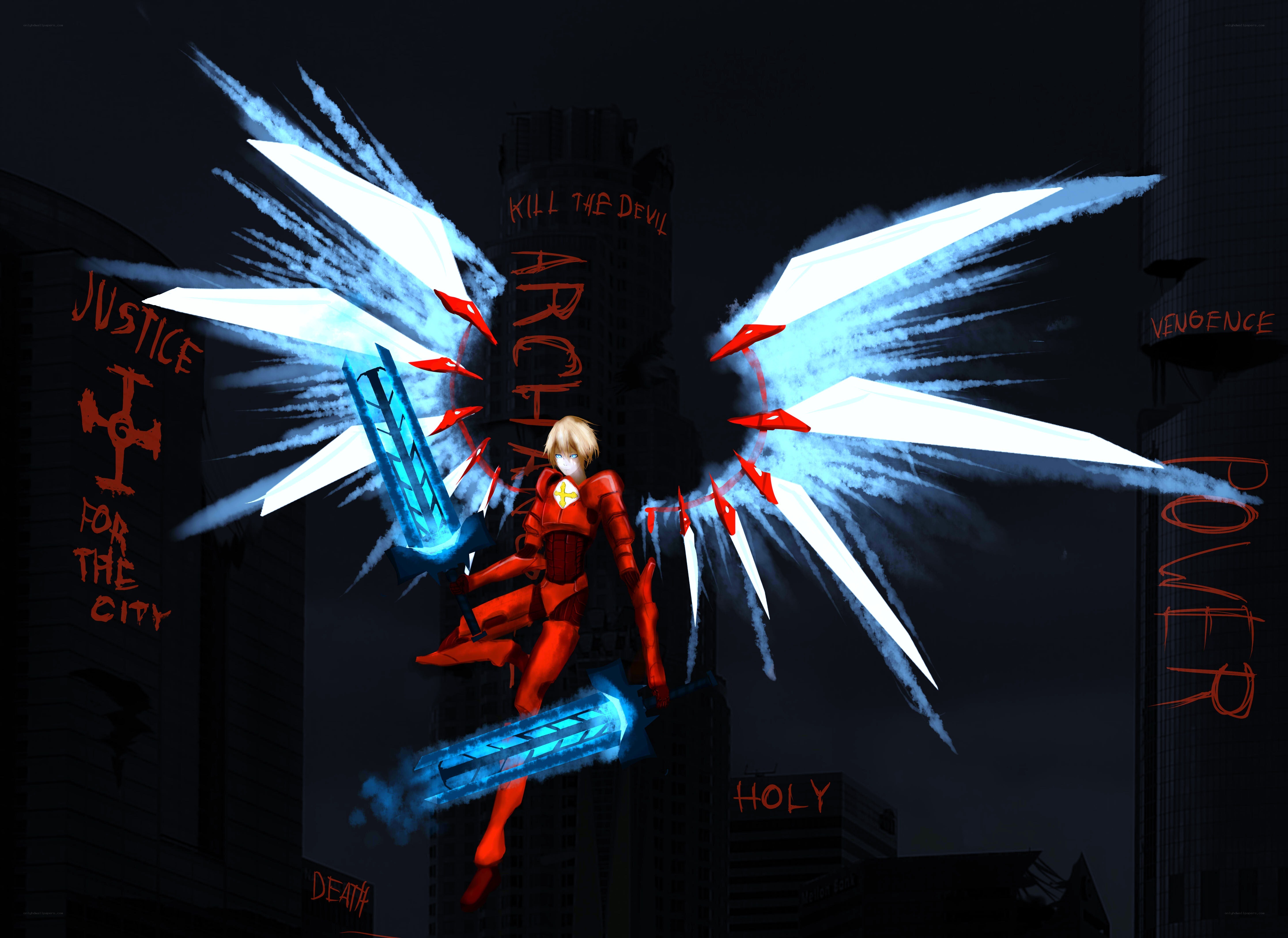 angelic warrior in city