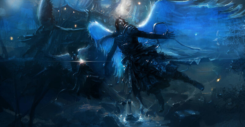 angelic warrior in dark forest