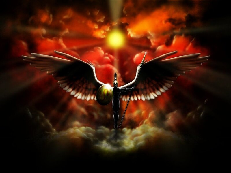 angelic warrior in fiery sky
