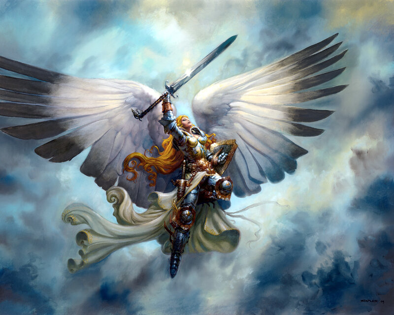 Angelic Warrior in Flight — White, Dramatic, Digital Art, Wings, Sword, Armor