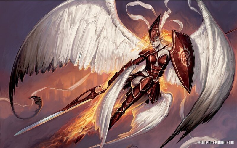 Angelic Warrior in Flight — White, Dramatic, Digital Art, Wings, Sword, Shield, Flames