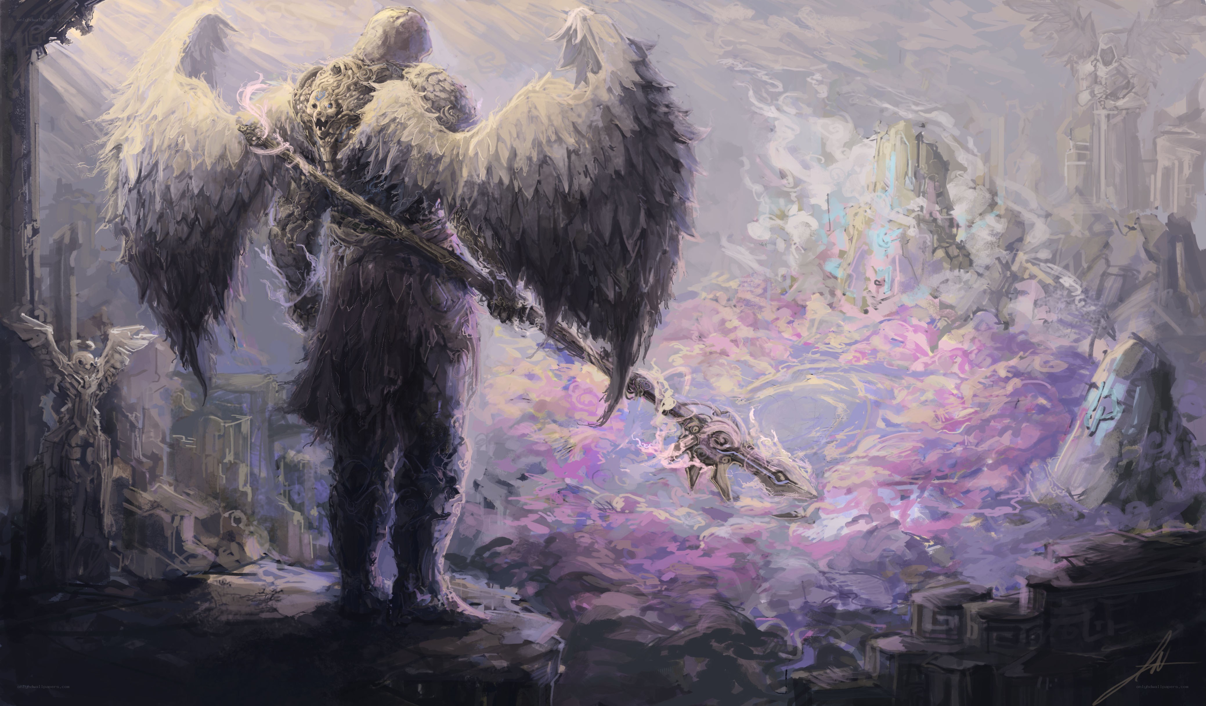 angelic warrior in ruins