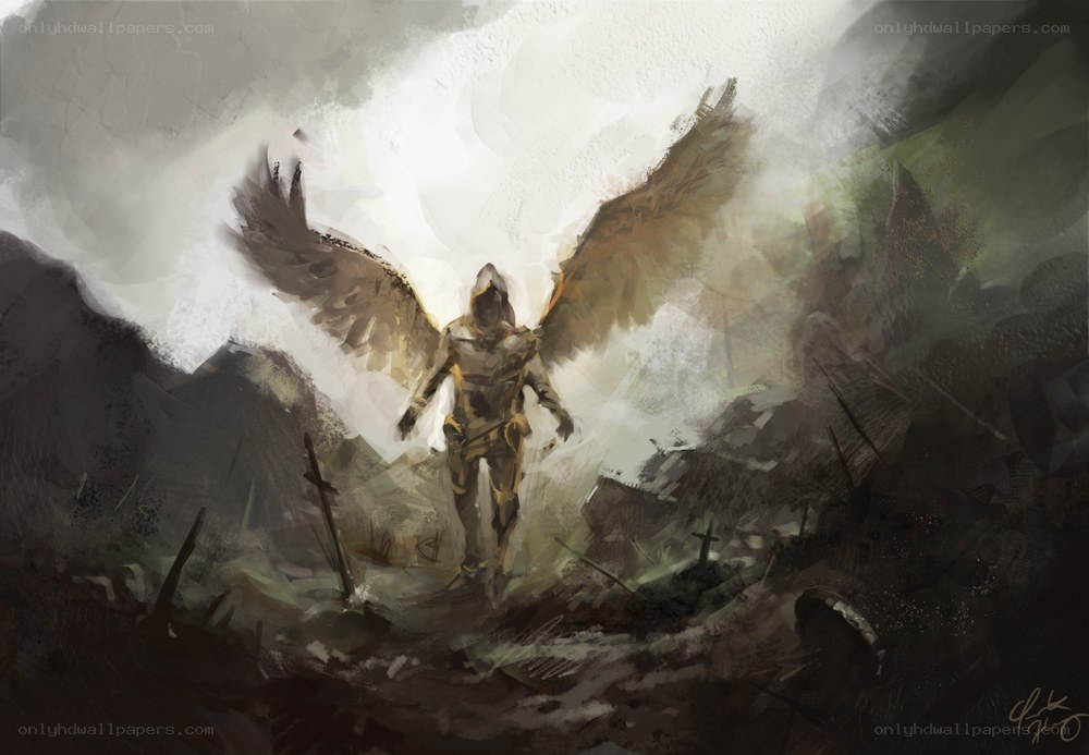 angelic warrior in ruins