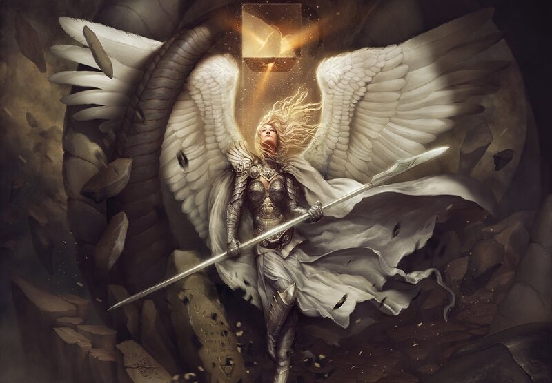 Angelic Warrior with Spear — White, Dramatic, Digital Art
