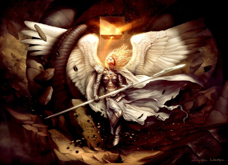 Angelic Warrior with Spear — White, Dramatic, Digital Art, Wings, Dragon