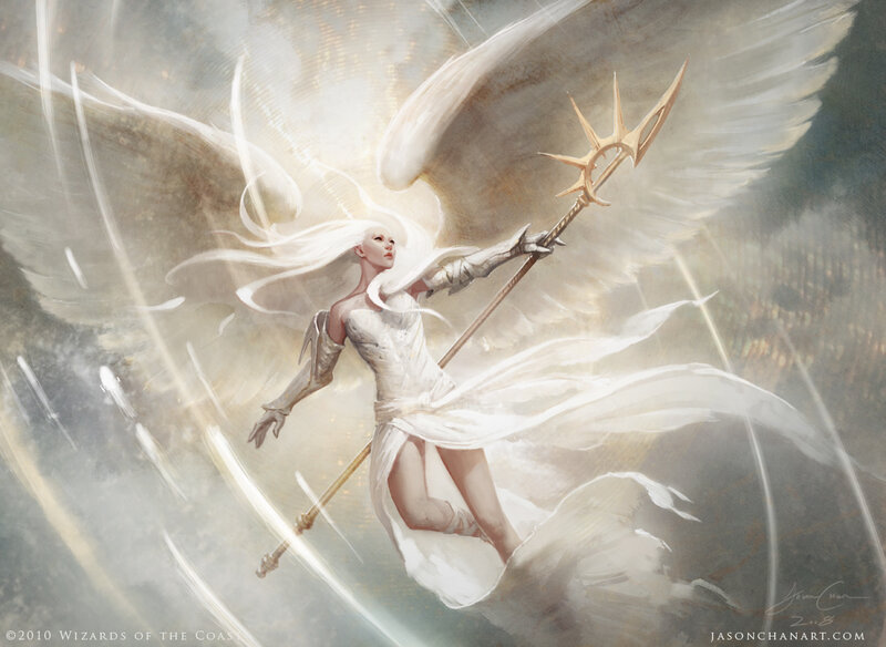 Angelic Warrior with Spear — White, Dramatic, Digital Art, Wings, White Dress, Gold