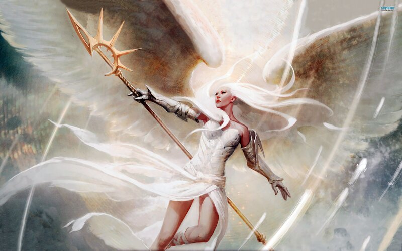 Angelic Warrior with Spear — White, Dramatic, Digital Art, Wings, White Hair