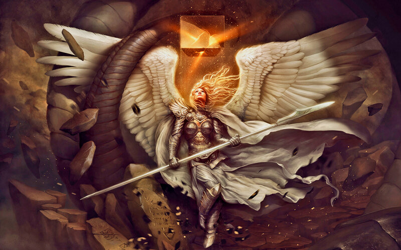 Angelic Warrior with Spear — White, Dramatic