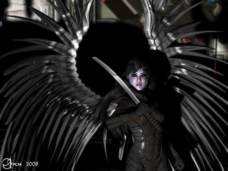 Angelic Warrior with Sword — Black, Dramatic, Night, Digital Art, Wings, Armor, White