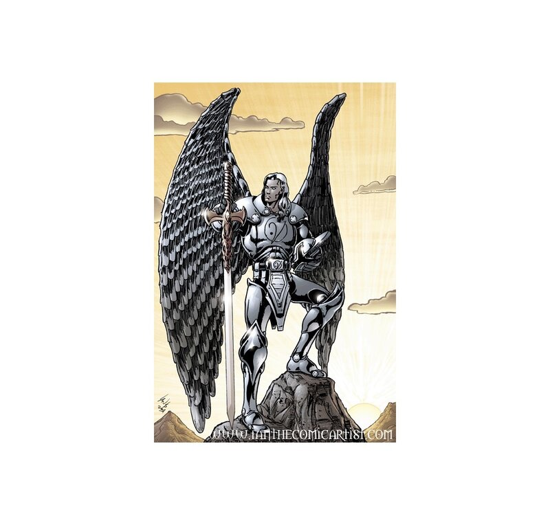 Angelic Warrior with Sword — Black, Dramatic, Sunset