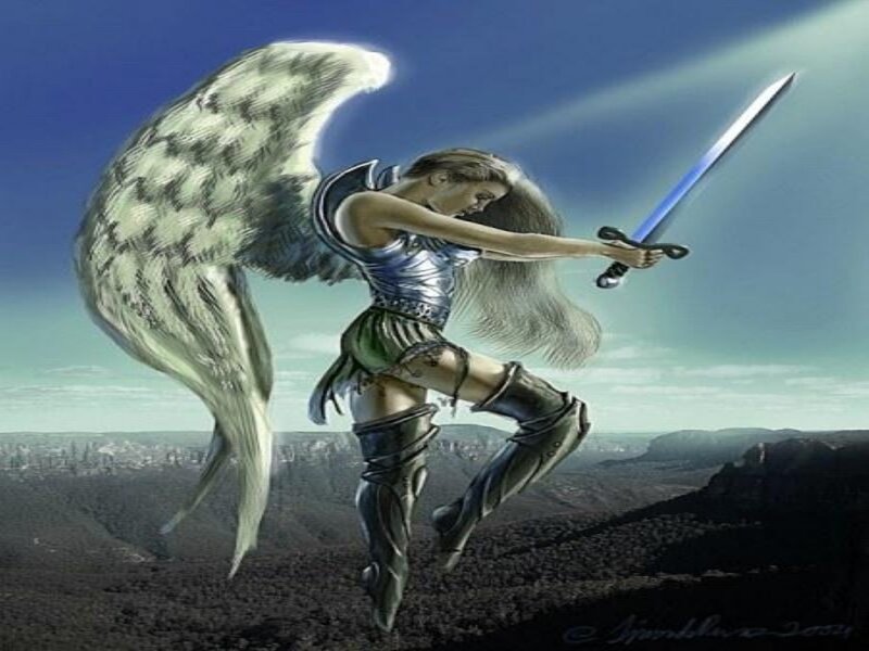 Angelic Warrior with Sword — Blue, Dramatic, Digital Art, Wings, Armor, Green
