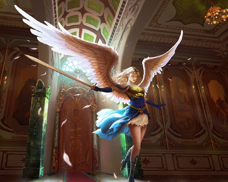 Angelic Warrior with Sword — Blue, Dramatic, Digital Art, Wings, Castle Interior