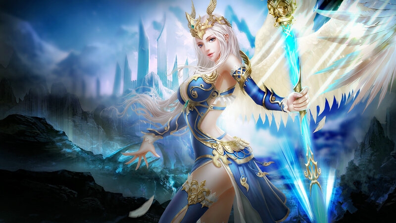 Angelic Warrior with Sword — Blue, Dramatic, Digital Art, Wings, Castle