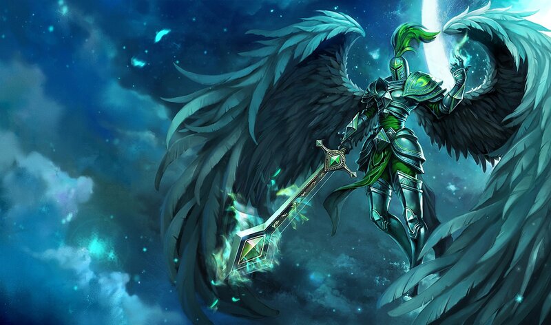 Angelic Warrior with Sword — Blue, Dramatic, Night, Digital Art, Wings, Armor, Moon