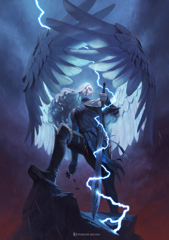 Angelic Warrior with Sword — Blue, Dramatic, Night, Digital Art, Wings, Lightning