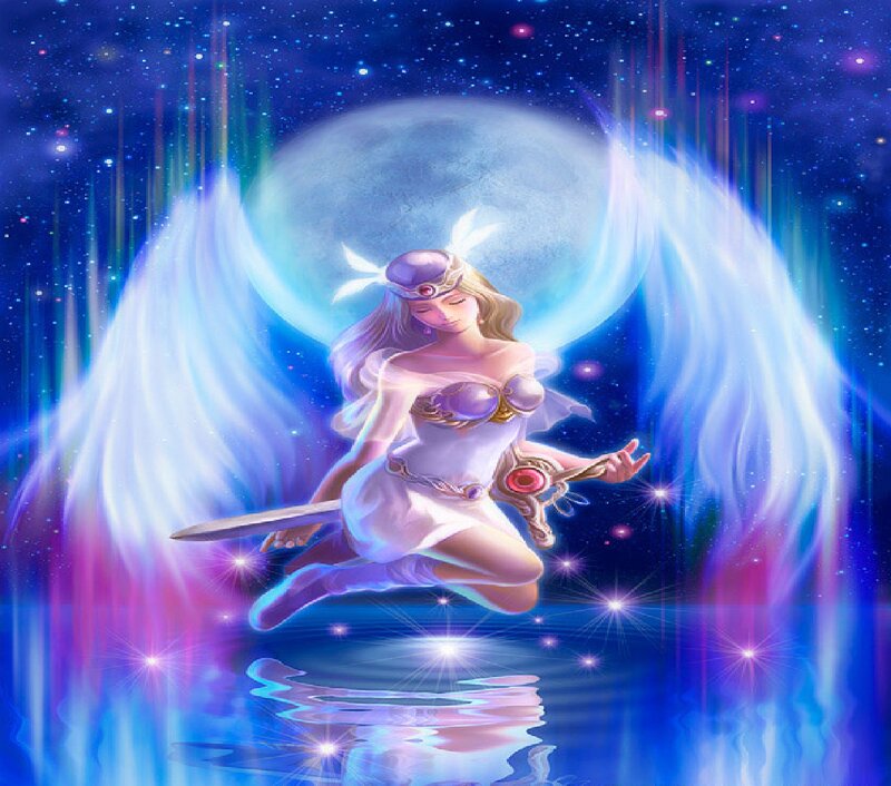 Angelic Warrior with Sword — Blue, Serene, Night, Digital Art